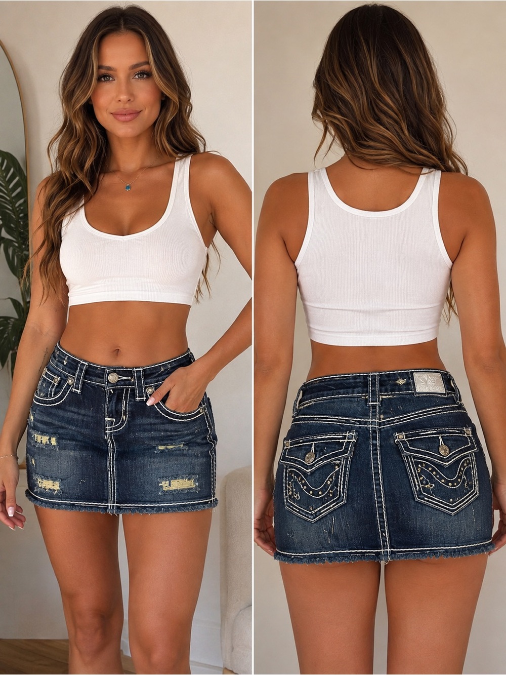 Dark Blue Distressed Denim Mini Skirt